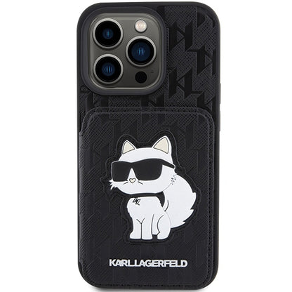 Capa para Apple iPhone 15 Pro Max, Karl Lagerfeld, Saffiano com Slots para Cartões e Suporte Monograma Choupette, Preta.