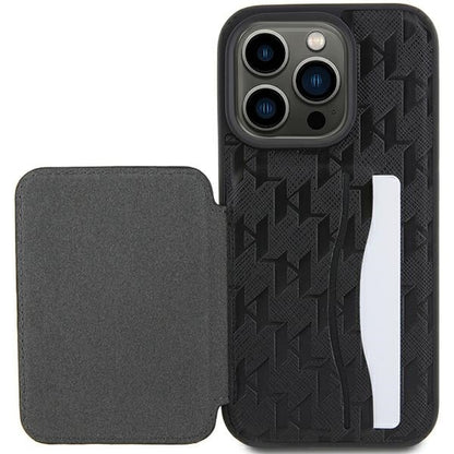 Capa para Apple iPhone 15 Pro Max, Karl Lagerfeld, Saffiano com Slots para Cartões e Suporte Monograma Choupette, Preta.
