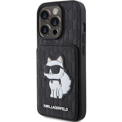 Capa para Apple iPhone 15 Pro Max, Karl Lagerfeld, Saffiano com Slots para Cartões e Suporte Monograma Choupette, Preta.