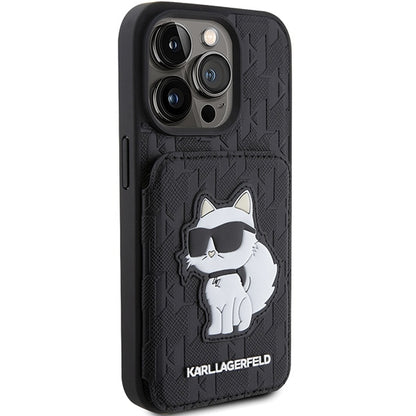 Capa para Apple iPhone 15 Pro Max, Karl Lagerfeld, Saffiano com Slots para Cartões e Suporte Monograma Choupette, Preta.
