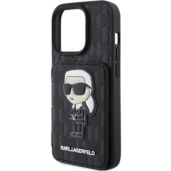 Capa para Apple iPhone 15 Pro Max, Karl Lagerfeld, Saffiano com Slots para Cartões e Suporte Monograma Ikonik Karl, Preta.