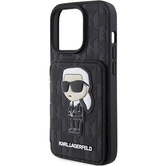 Capa para Apple iPhone 15 Pro Max, Karl Lagerfeld, Saffiano com Slots para Cartões e Suporte Monograma Ikonik Karl, Preta.