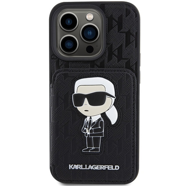 Capa para Apple iPhone 15 Pro Max, Karl Lagerfeld, Saffiano com Slots para Cartões e Suporte Monograma Ikonik Karl, Preta.