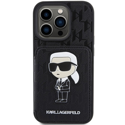 Capa para Apple iPhone 15 Pro Max, Karl Lagerfeld, Saffiano com Slots para Cartões e Suporte Monograma Ikonik Karl, Preta.