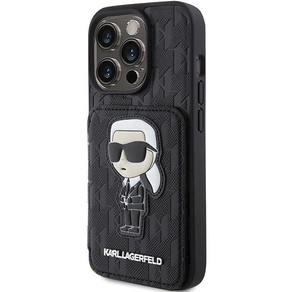 Capa para Apple iPhone 15 Pro Max, Karl Lagerfeld, Saffiano com Slots para Cartões e Suporte Monograma Ikonik Karl, Preta.