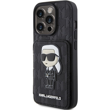 Capa para Apple iPhone 15 Pro Max, Karl Lagerfeld, Saffiano com Slots para Cartões e Suporte Monograma Ikonik Karl, Preta.