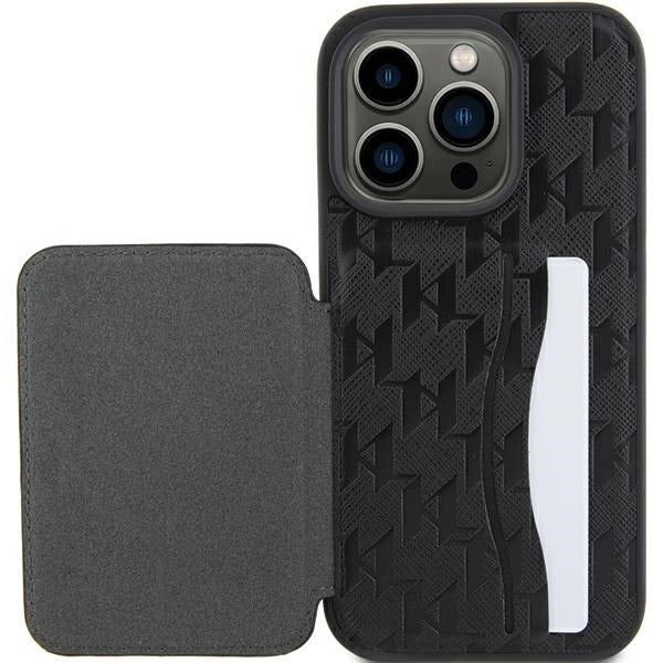 Capa para Apple iPhone 15 Pro Max, Karl Lagerfeld, Saffiano com Slots para Cartões e Suporte Monograma Ikonik Karl, Preta.