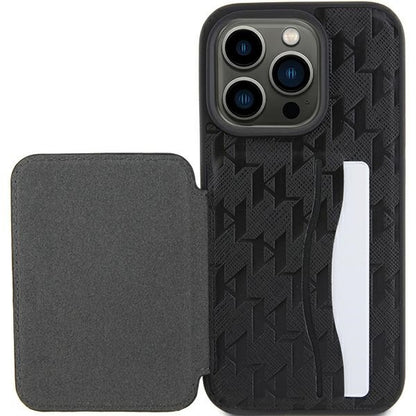 Capa para Apple iPhone 15 Pro Max, Karl Lagerfeld, Saffiano com Slots para Cartões e Suporte Monograma Ikonik Karl, Preta.