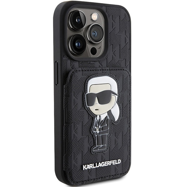 Capa para Apple iPhone 15 Pro Max, Karl Lagerfeld, Saffiano com Slots para Cartões e Suporte Monograma Ikonik Karl, Preta.