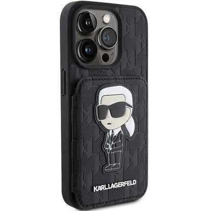 Capa para Apple iPhone 15 Pro Max, Karl Lagerfeld, Saffiano com Slots para Cartões e Suporte Monograma Ikonik Karl, Preta.