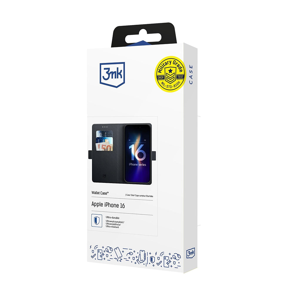 Capa para Apple iPhone 16, 3MK, Carteira, Preta
