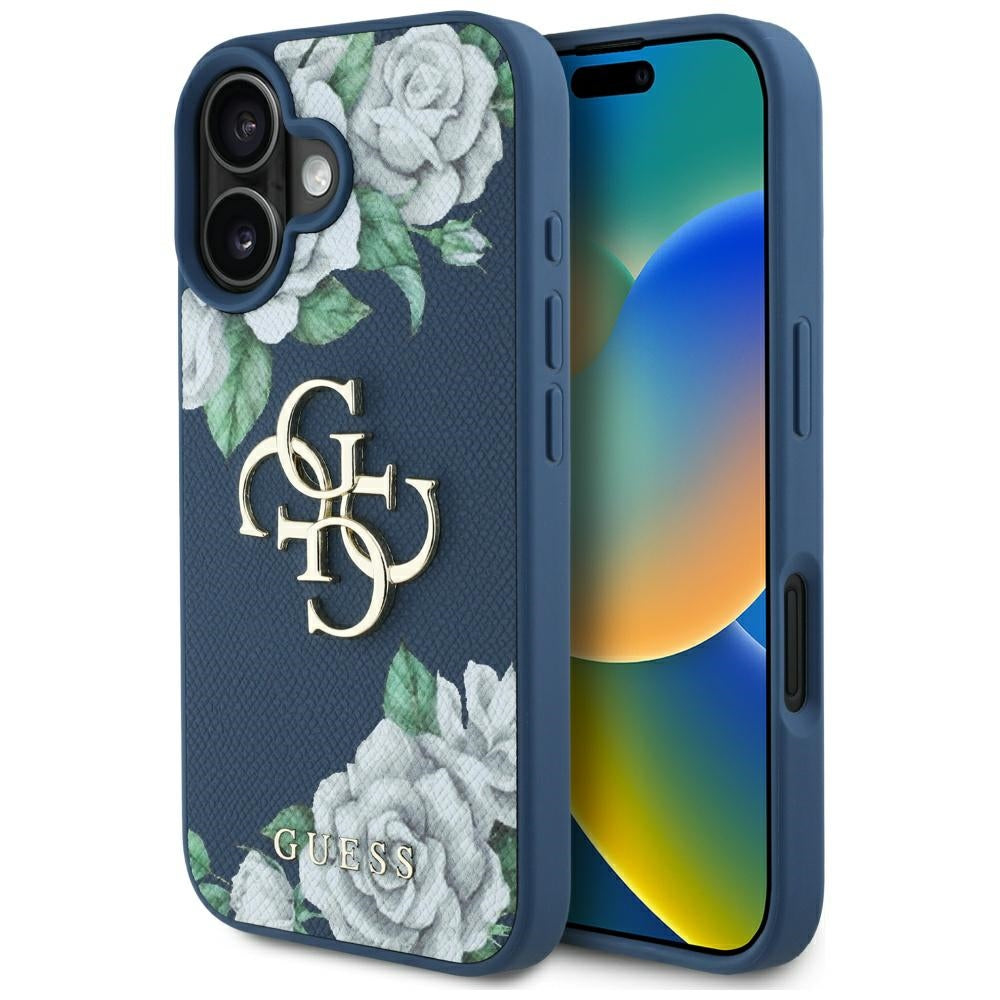 Capa para Apple iPhone 16, Guess, 4G Grained Roses Big Logo, Azul