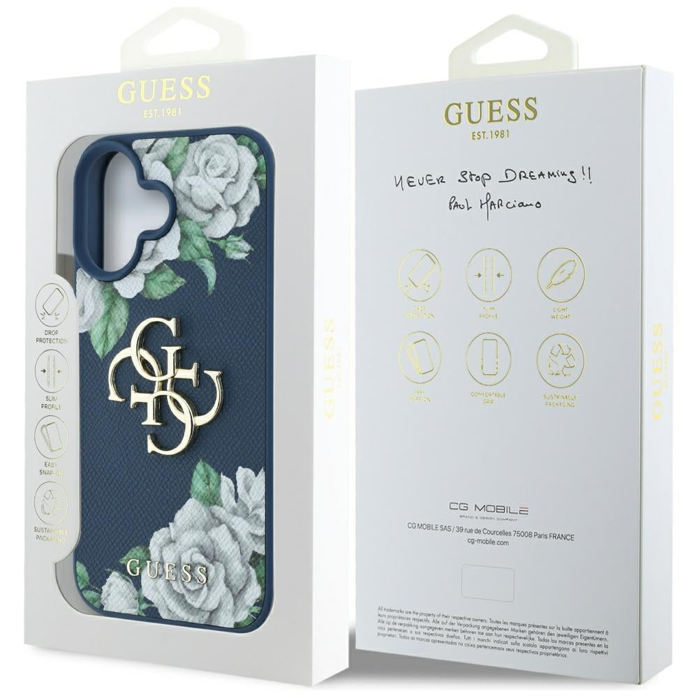 Capa para Apple iPhone 16, Guess, 4G Grained Roses Big Logo, Azul