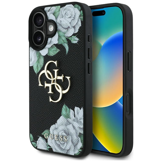 Capa para Apple iPhone 16, Guess, 4G Grained Roses Big Logo, Preta