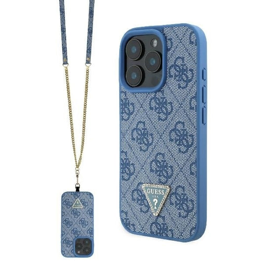 Capa para Apple iPhone 16, Guess, Crossbody 4G Triangle Strass, Azul