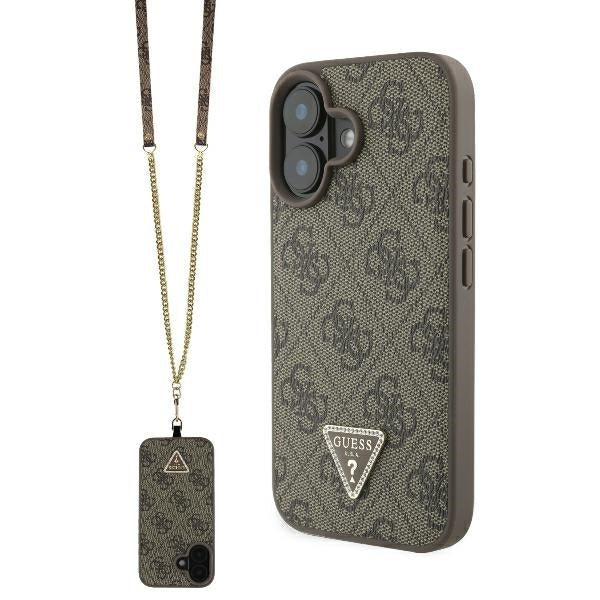 Capa para Apple iPhone 16, Guess, Crossbody 4G Triangle Strass, Castanho