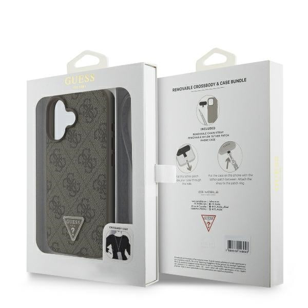 Capa para Apple iPhone 16, Guess, Crossbody 4G Triangle Strass, Castanho