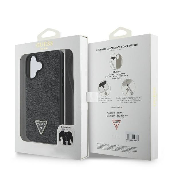 Capa para Apple iPhone 16, Guess, Crossbody 4G Triangle Strass, Preta