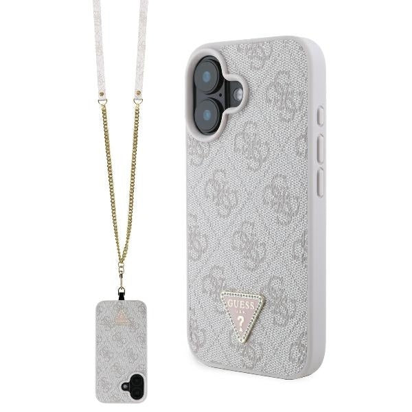 Capa para Apple iPhone 16, Guess, Crossbody 4G Triangle Strass, Rosa