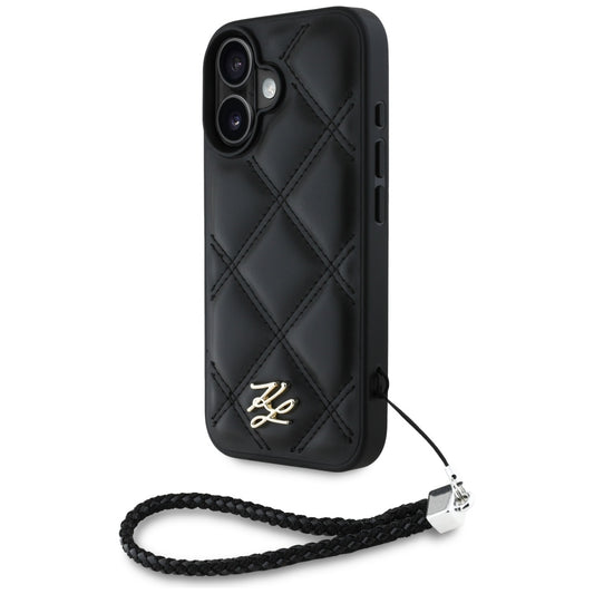 Capa para Apple iPhone 16, Karl Lagerfeld, Quilted Initial Logo & Chain Strap, Preta.