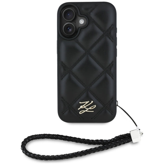 Capa para Apple iPhone 16, Karl Lagerfeld, Quilted Initial Logo & Chain Strap, Preta.