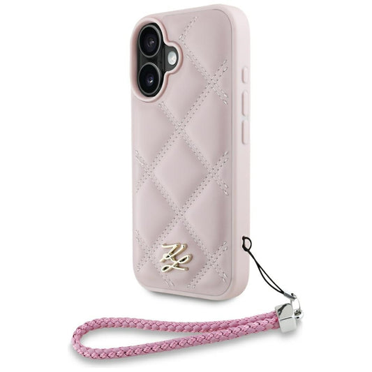 Capa para Apple iPhone 16, Karl Lagerfeld, Quilted Initial Logo & Chain Strap, Rosa