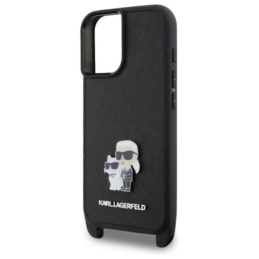 Capa para Apple iPhone 16, Karl Lagerfeld, Saffiano Crossbody Metal Pin Karl & Choupette, Branca