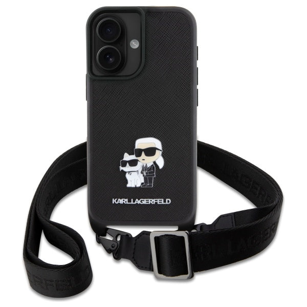 Capa para Apple iPhone 16, Karl Lagerfeld, Saffiano Crossbody Metal Pin Karl & Choupette, Branca