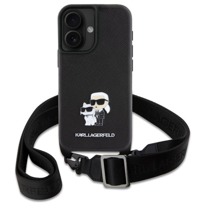 Capa para Apple iPhone 16, Karl Lagerfeld, Saffiano Crossbody Metal Pin Karl & Choupette, Branca