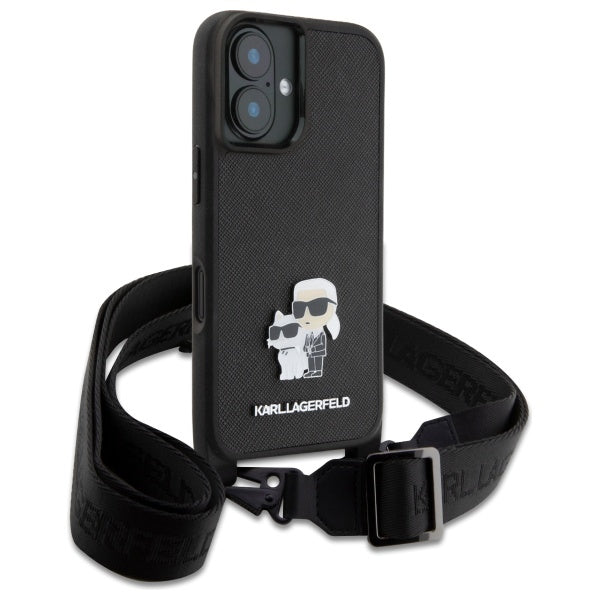 Capa para Apple iPhone 16, Karl Lagerfeld, Saffiano Crossbody Metal Pin Karl & Choupette, Branca