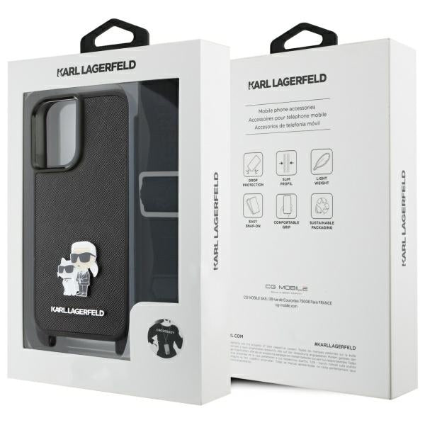 Capa para Apple iPhone 16, Karl Lagerfeld, Saffiano Crossbody Metal Pin Karl & Choupette, Branca