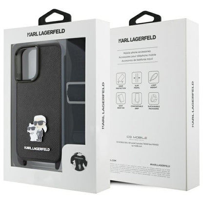 Capa para Apple iPhone 16, Karl Lagerfeld, Saffiano Crossbody Metal Pin Karl & Choupette, Branca