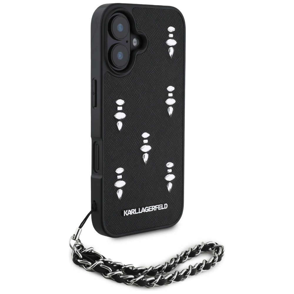 Capa para Apple iPhone 16, Karl Lagerfeld, Saffiano Crystals & Charm, Preta