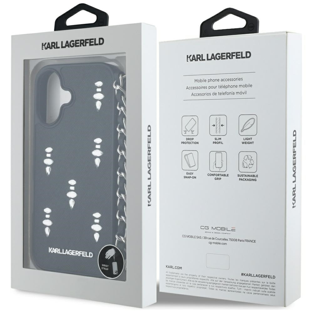 Capa para Apple iPhone 16, Karl Lagerfeld, Saffiano Crystals & Charm, Preta