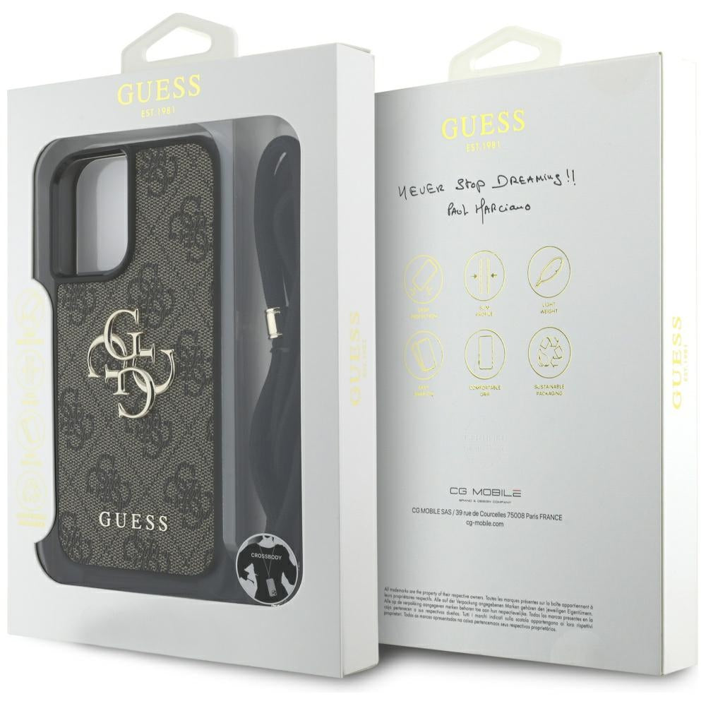 Capa para Apple iPhone 16 Plus, Guess, 4G CBDY Big Logo com Alça de Cordão, Marrom