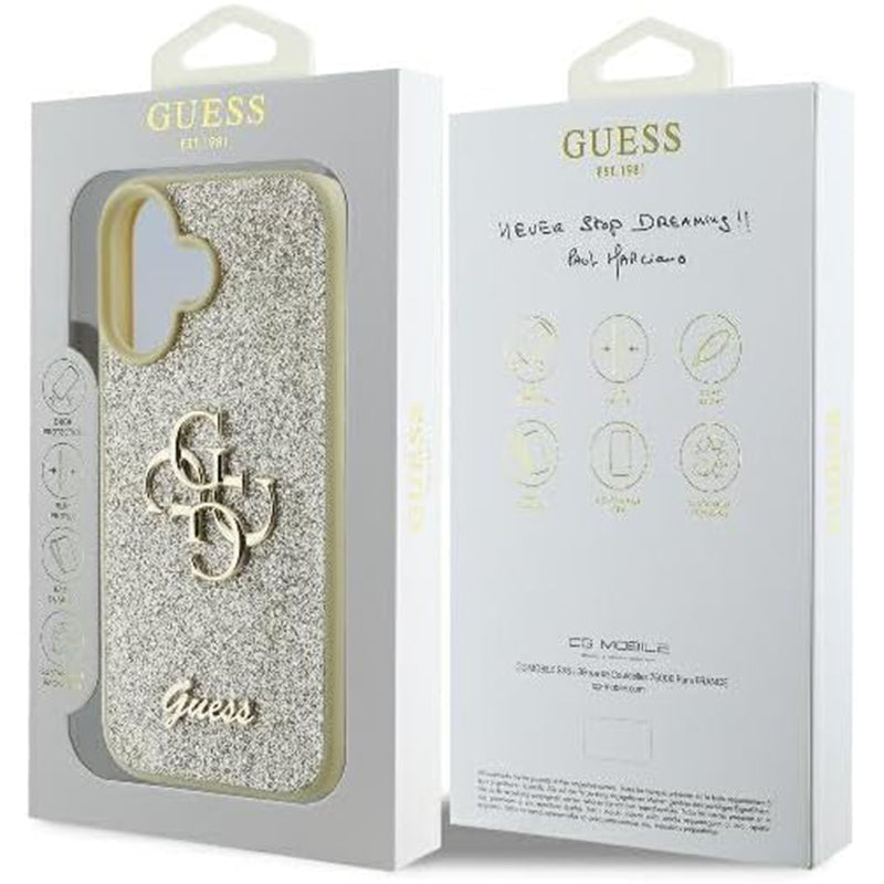 Capa para Apple iPhone 16 Plus, Guess, Fixed Glitter Big 4G, Dourada