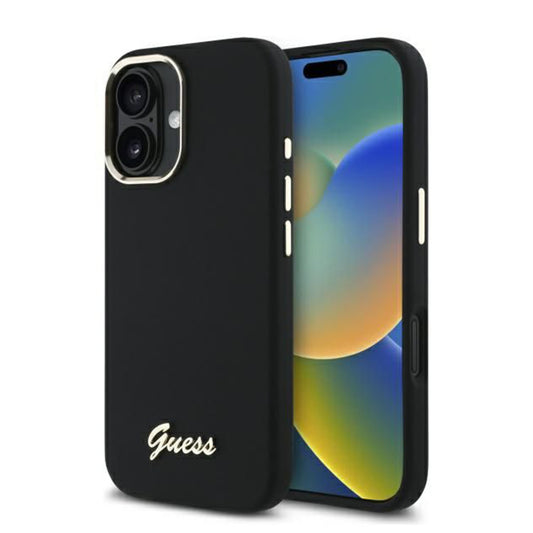 Capa para Apple iPhone 16 Plus, Guess, Script Metal Logo & Frame, Preta
