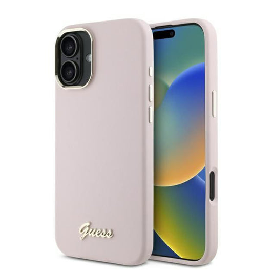 Capa para Apple iPhone 16 Plus, Guess, Script Metal Logo & Frame, Rosa