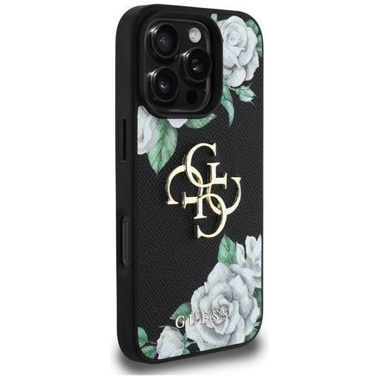 Capa para Apple iPhone 16 Pro, Guess, 4G Grained Roses Big Logo, Preta.