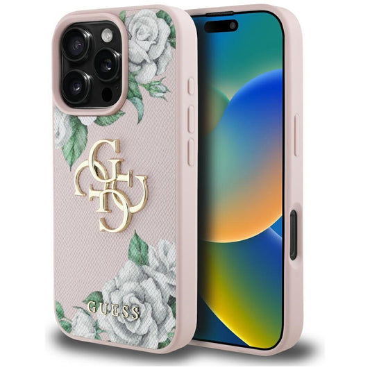 Capa para Apple iPhone 16 Pro, Guess, 4G Grained Roses Big Logo, Rosa
