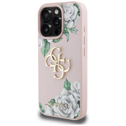 Capa para Apple iPhone 16 Pro, Guess, 4G Grained Roses Big Logo, Rosa