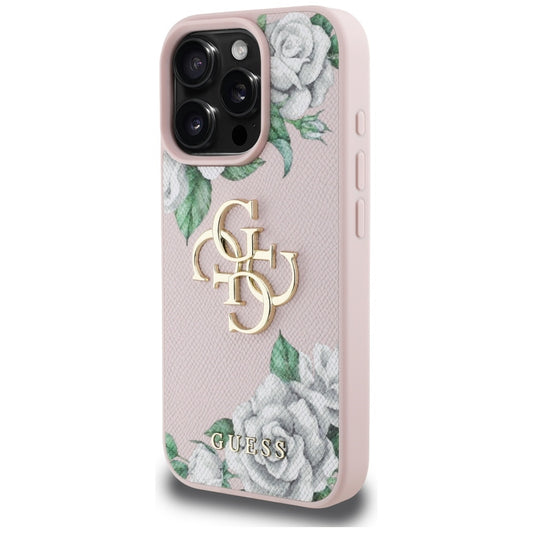 Capa para Apple iPhone 16 Pro, Guess, 4G Grained Roses Big Logo, Rosa
