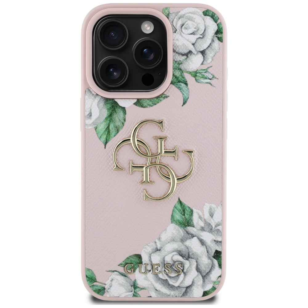 Capa para Apple iPhone 16 Pro, Guess, 4G Grained Roses Big Logo, Rosa