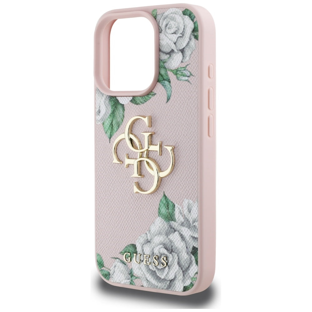Capa para Apple iPhone 16 Pro, Guess, 4G Grained Roses Big Logo, Rosa