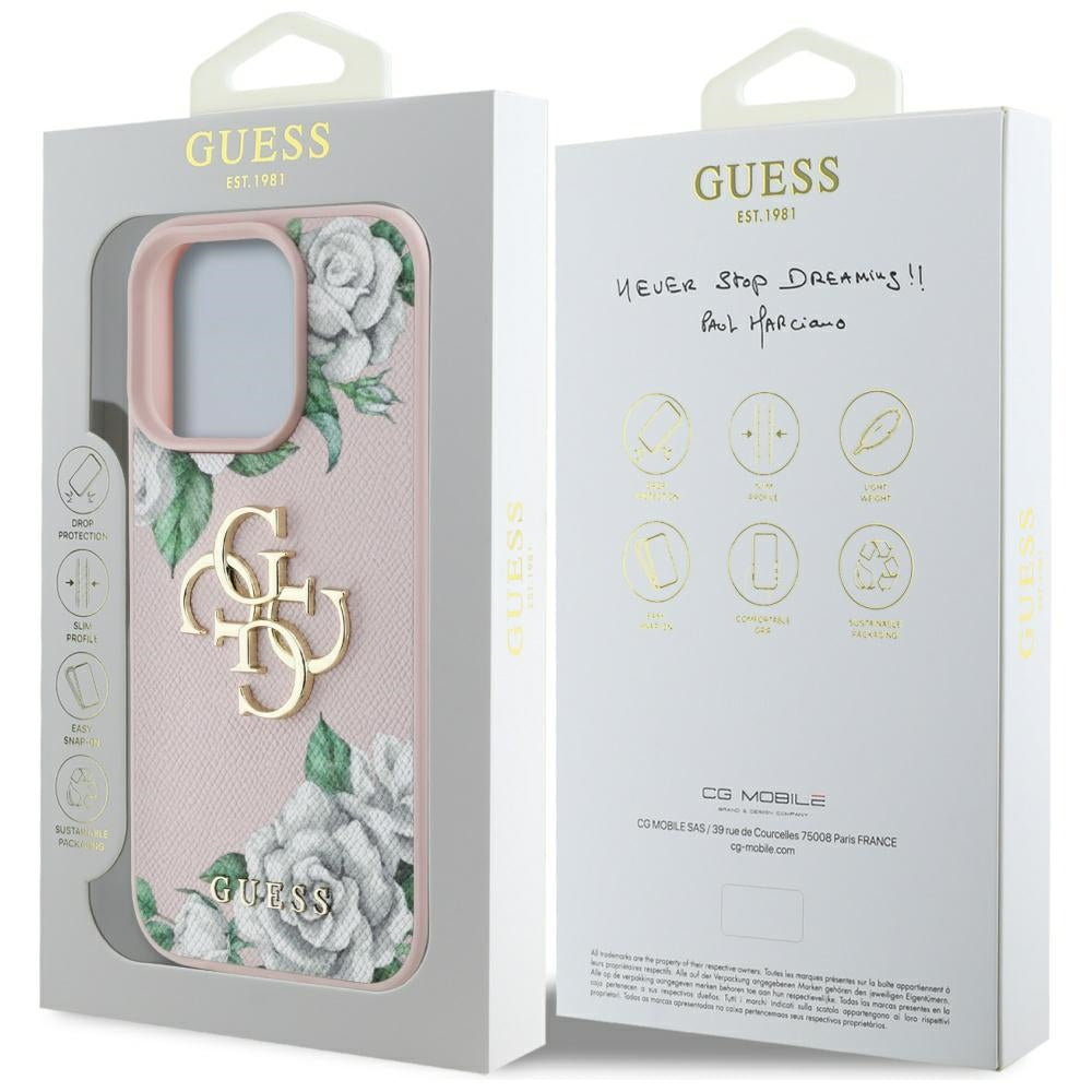 Capa para Apple iPhone 16 Pro, Guess, 4G Grained Roses Big Logo, Rosa