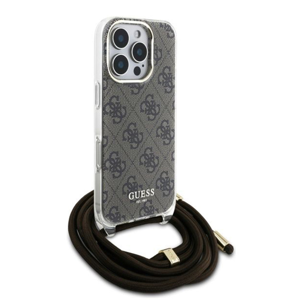 Case for Apple iPhone 16 Pro, Guess, Crossbody Cord 4G Print, Brown