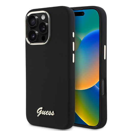 Capa para Apple iPhone 16 Pro, Guess, Script Metal Logo & Frame, Preta