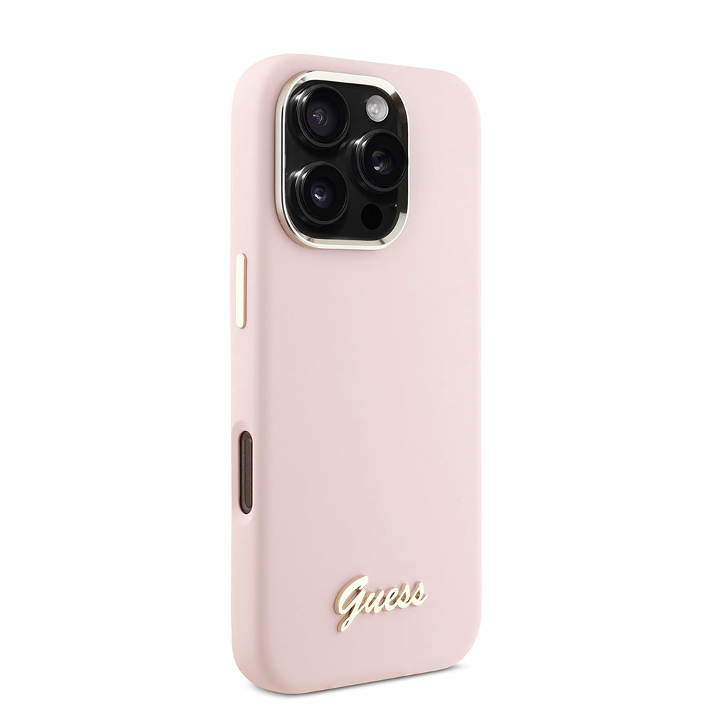Capa para Apple iPhone 16 Pro, Guess, Script Metal Logo & Frame, Rosa