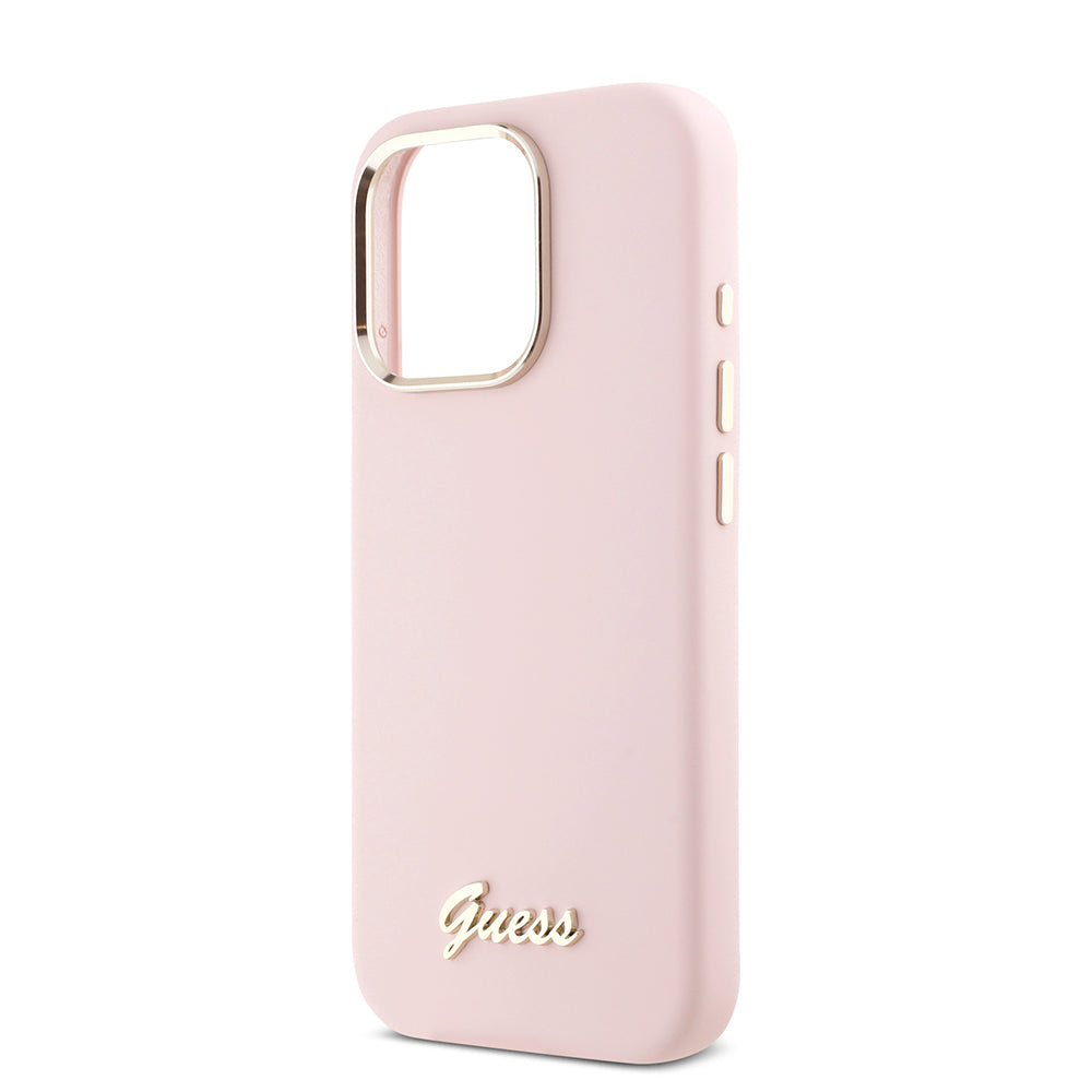 Capa para Apple iPhone 16 Pro, Guess, Script Metal Logo & Frame, Rosa