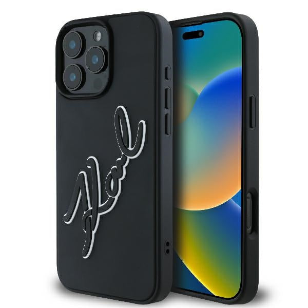 Capa para Apple iPhone 16 Pro, Karl Lagerfeld, Assinatura de Borracha 3D, Preta